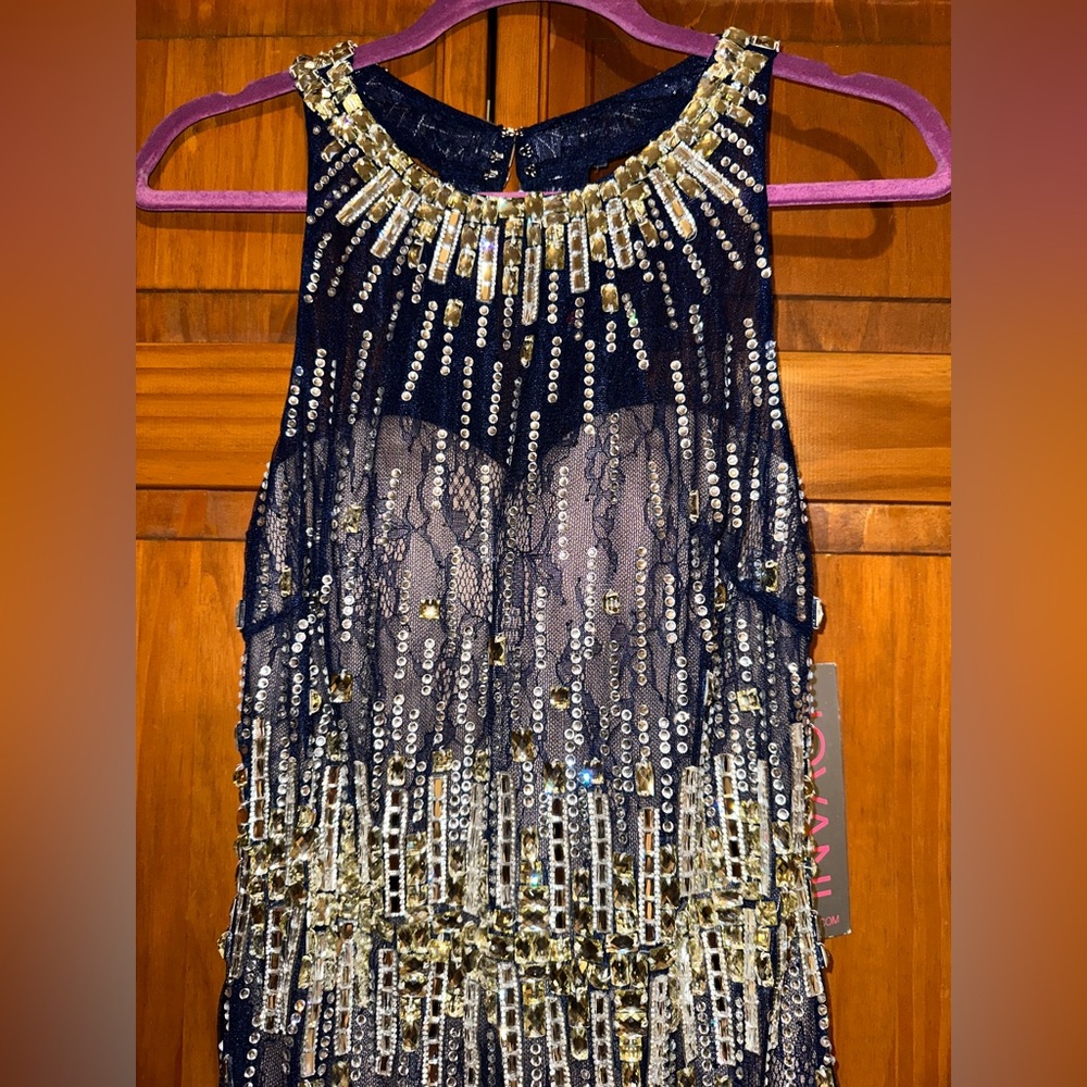 JOVANI navy blue embellished mini dress with gold-silver gems and studs